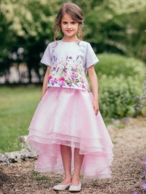 Комплект юбка розовая ассиметричная из органзы и блузка белая с цветочным принтом цена