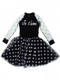 купить Комплект чёрный в голубой горох: свитшот с надписью  "Je t'aime" и пышная юбка