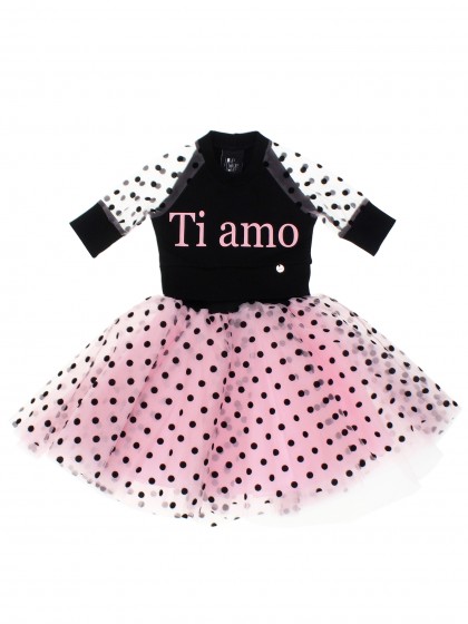Комплект: черный свитшот с надписью "Ti Amo" и пышная розовая юбка в чёрный горох
