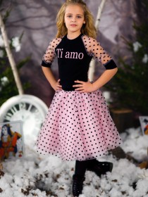 купить Комплект: черный свитшот с надписью "Ti Amo" и пышная розовая юбка в чёрный горох