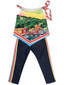 Комплект топ разноцветный ассиметричный "Портофино" и лёгкие джинсы с лампасами фото