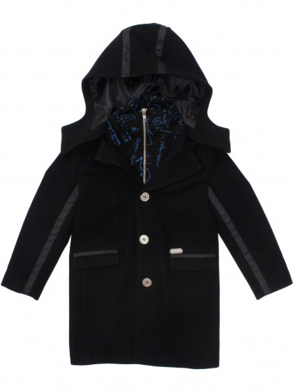 Пальто чёрное шерстяное с капюшоном и вшитым жилетом