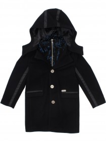 Пальто чёрное шерстяное с капюшоном и вшитым жилетом фото