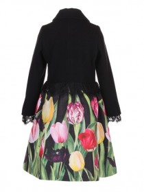 Пальто черное с кружевом "Тюльпаны" с пчёлками из страз и бусин фото