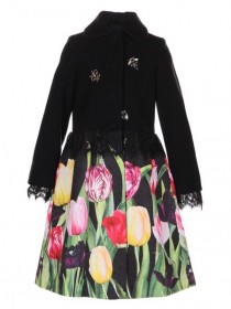 Пальто черное с кружевом "Тюльпаны" с пчёлками из страз и бусин цена