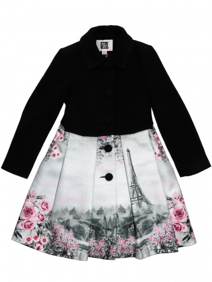 Пальто черное шерстяное с видами Парижа и цветами