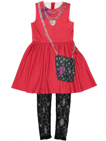 Комплект красное платье с сумочкой пышное и чёрные кружевные лосины