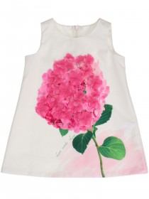 Платье белое с аппликацией "Гортензия розовая" и стразами 
