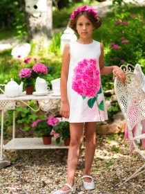 Платье белое с аппликацией "Гортензия розовая" и стразами  цена