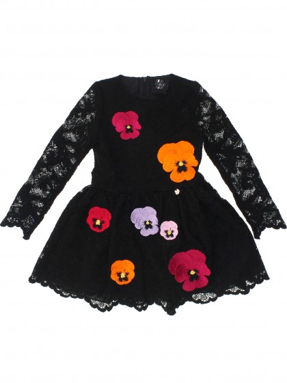 Платье чёрное кружевное с разноцветными цветами укороченное 
