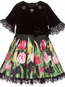 Платье черное пышное бархатное "Тюльпаны" с пчелками из страз и бусин фото