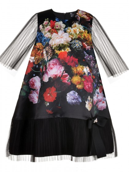 Платье чёрное сатин с разноцветными цветами