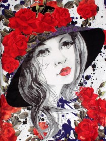Туника чёрная с портретом девушки в алых розах  фото