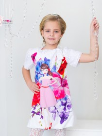 Платье белое кружевное с принтом "Девушка и цветы" фото