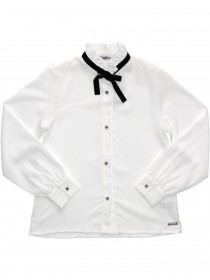 Блуза белая шифоновая со стразами и черным бантиком на воротнике фото