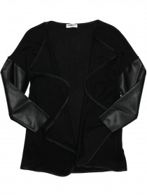 Кардиган черный удлиненный с кожаными рукавами и отделкой по контуру фото