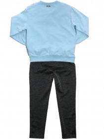 Комплект: свитшот голубой с мехом, надписью и стразами и серебристые брюки цена