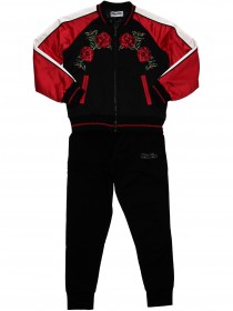 Костюм куртка-бомбер черная с красными и белыми вставками, принт "Розы" и штаны чёрные с брендингом