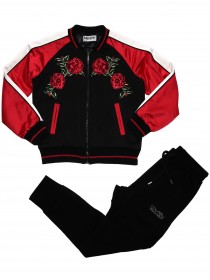 купить Костюм куртка-бомбер черная с красными и белыми вставками, принт "Розы" и штаны чёрные с брендингом