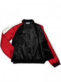 Костюм куртка-бомбер черная с красными и белыми вставками, принт "Розы" и штаны чёрные с брендингом цена