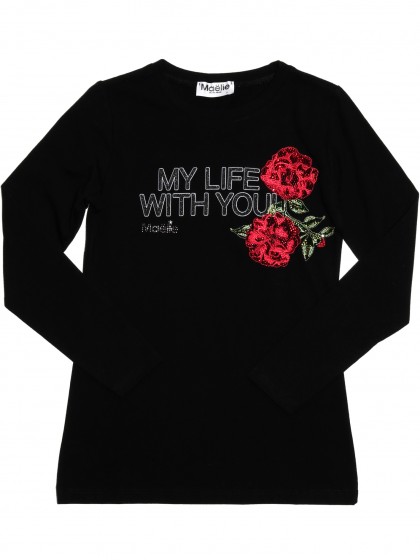 Лонгслив чёрный удлиненный с вышивкой "Розы", стразами и надписью