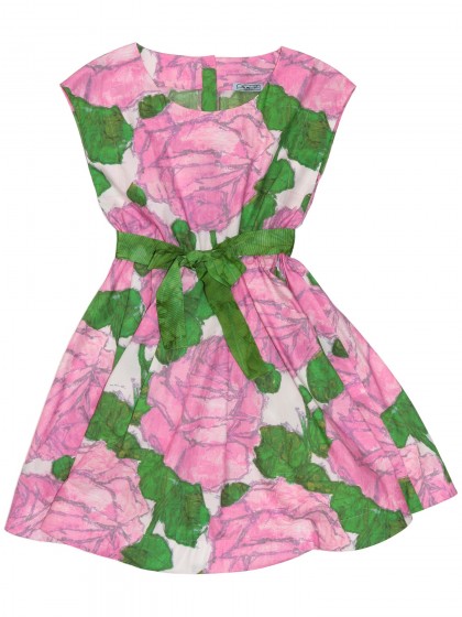 Платье с розовыми розами и зелёным поясом в стиле "стиляги"