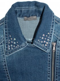Куртка джинсовая темно-синяя со стразами на воротнике фото