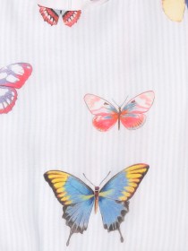 Платье белое шифоновое с голубыми и розовыми бабочками и оборками фото