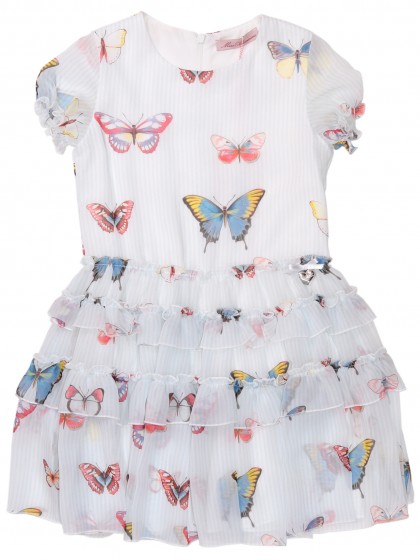 Платье белое шифоновое с голубыми и розовыми бабочками и оборками