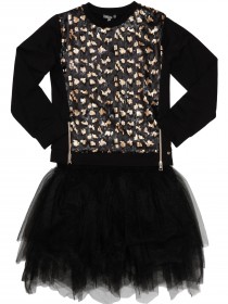 Комплект: платье черное с пышной юбкой, свитшот с леопардовым принтом из пайеток и лосины фото