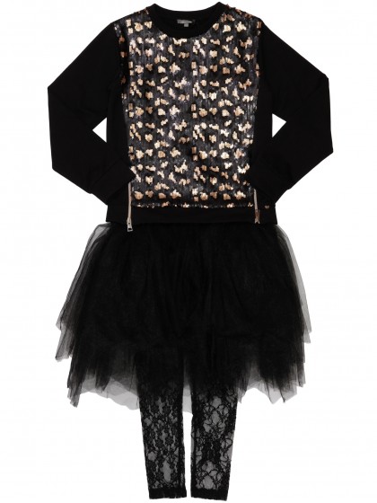 Комплект: платье черное с пышной юбкой, свитшот с леопардовым принтом из пайеток и лосины