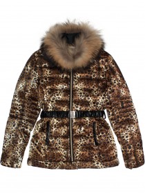 Куртка леопардовая пуховая с воротником из натурального меха и кожаным поясом
