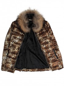 купить Куртка леопардовая пуховая с воротником из натурального меха и кожаным поясом