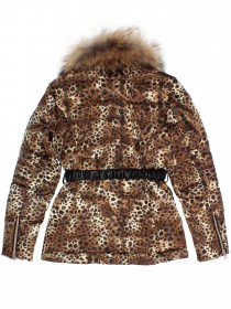 Куртка леопардовая пуховая с воротником из натурального меха и кожаным поясом цена