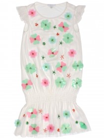 Платье белое укороченное с поясом и разноцветными цветами фото