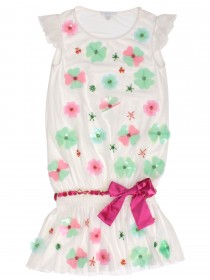 Платье белое укороченное с поясом и разноцветными цветами