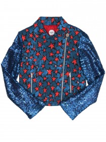 Куртка-косуха синяя принт "Красные звезды" фото