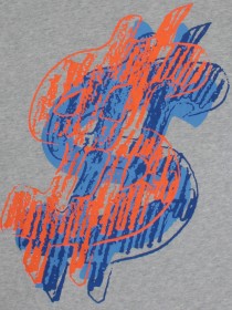 Футболка серая с сине-оранжевым принтом "Доллар" и брендингом фото