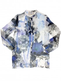 Блуза шёлковая белая с сине-серым абстрактным принтом фото