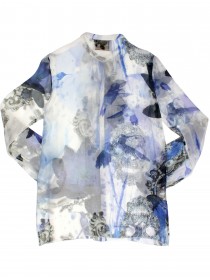 Блуза шёлковая белая с сине-серым абстрактным принтом цена