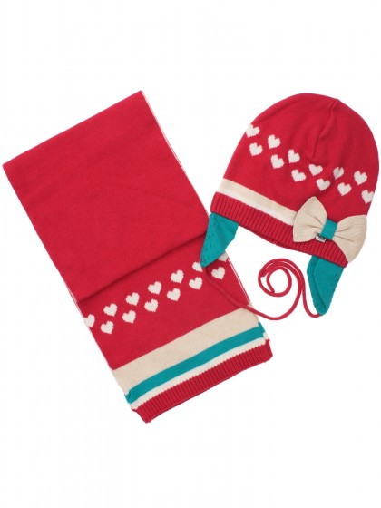 Комплект: шапка с шарфом красный с белыми сердечками, бантиком и бирюзовой отделкой