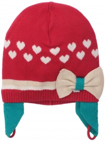 Комплект: шапка с шарфом красный с белыми сердечками, бантиком и бирюзовой отделкой фото