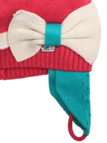 купить Комплект: шапка с шарфом красный с белыми сердечками, бантиком и бирюзовой отделкой