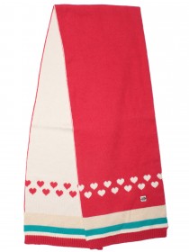 Комплект: шапка с шарфом красный с белыми сердечками, бантиком и бирюзовой отделкой фото