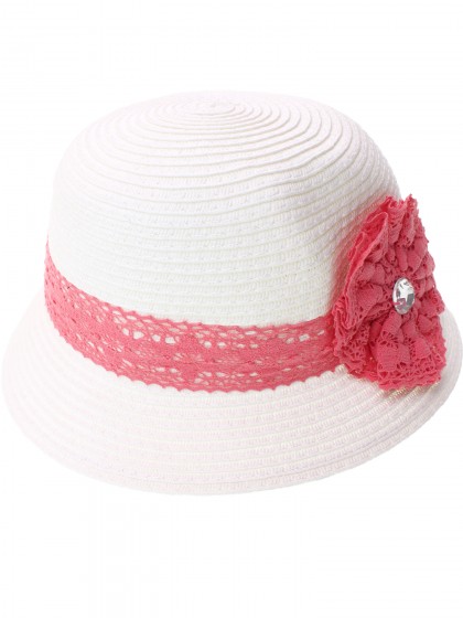 Шляпа белая с розовой кружевной лентой и большим цветком