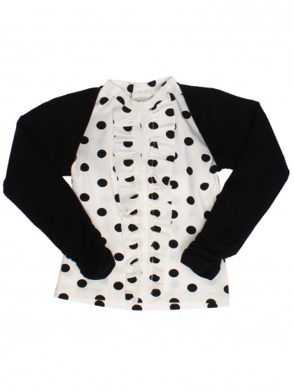 Комплект: белая блузка в чёрный горох с рюшами и чёрное болеро