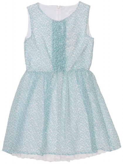 Платье белое шифоновое с мелкими голубыми цветочками и кружевом