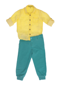 купить Комплект: брюки цвета морской волны трикотажные и желтая льняная рубашка
