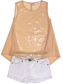 Комплект блузка шелковая золотистая с паетками и белые шорты с верёвочным поясом с бусинами цена
