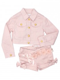 Комплект розовый куртка с золотистыми пуговицами и атласные шорты  цена
